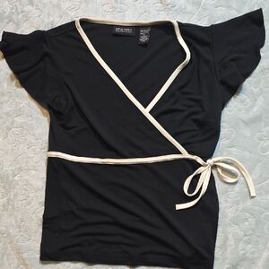 New York & Company Black Wrap Top with Cream Trim